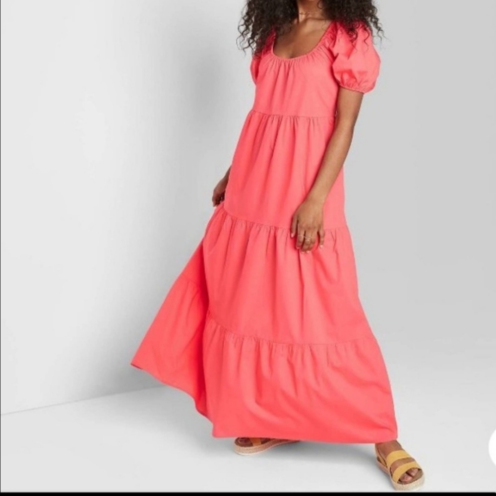 Wild fable Women's Short Sleeve Coral Tiered Poplin Maxi Dress Size Medium